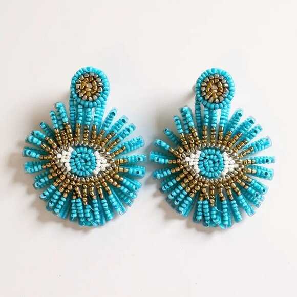 Beaded Blue and White Eye Earrings - Picture 2 of 4